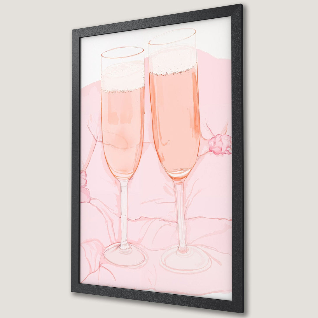 Framed Poster featuring champagne glasses in a watercolor style, soft pink color palette, perfect for home decor.