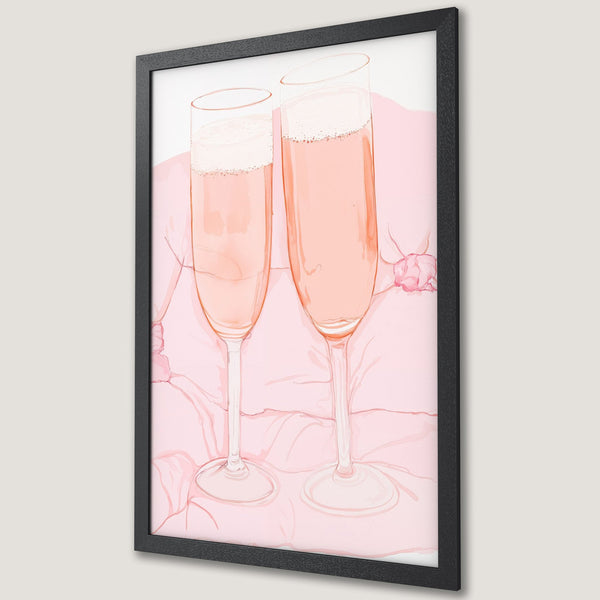 Framed Poster featuring champagne glasses in a watercolor style, soft pink color palette, perfect for home decor.
