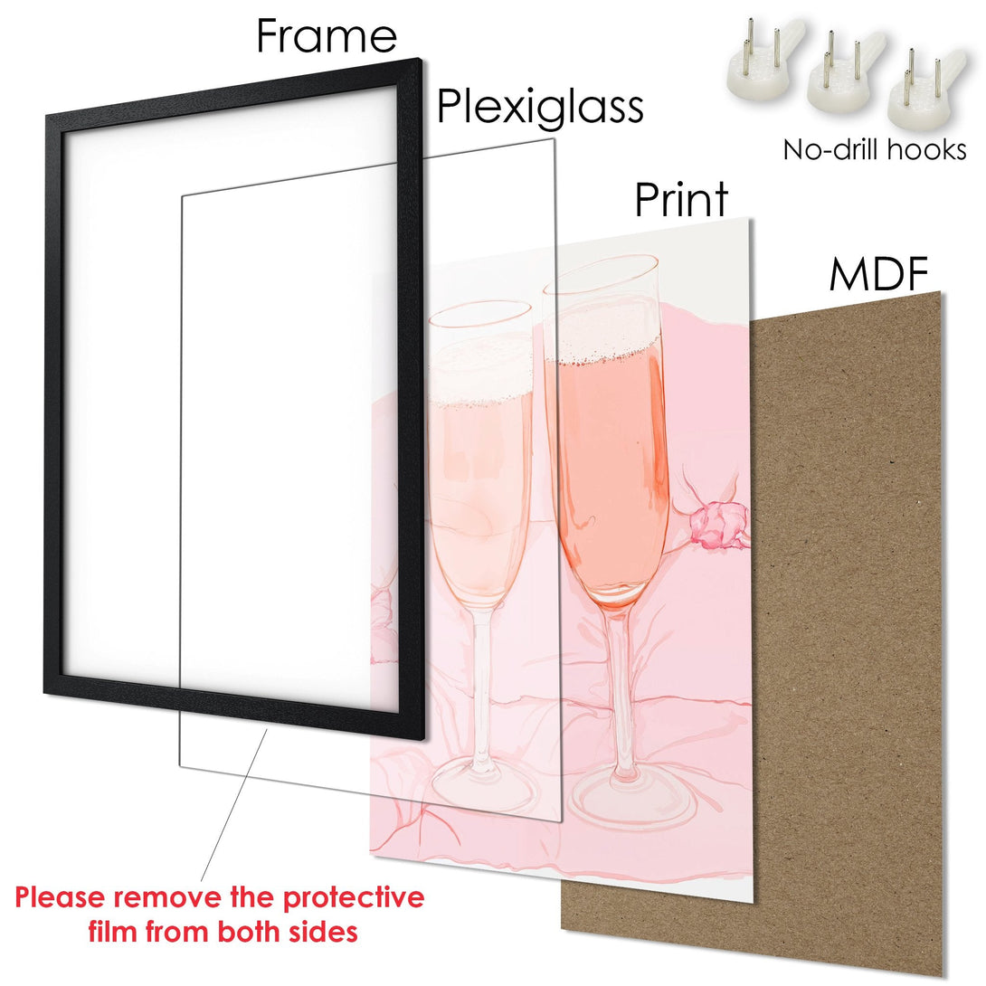Framed Poster featuring champagne glasses in a soft pink palette. Elevate your space with stylish wall art!