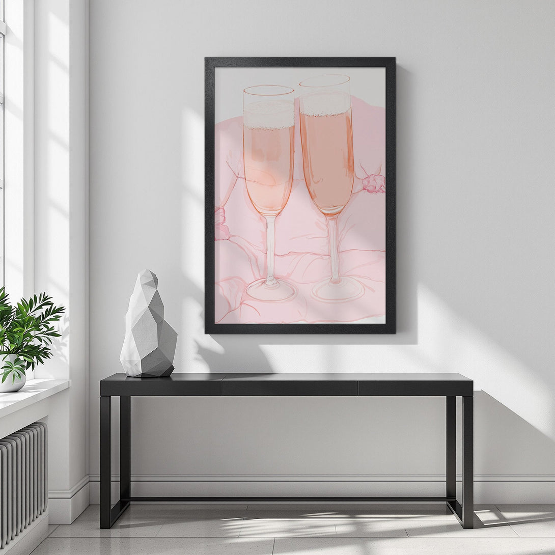 Framed Poster featuring champagne flutes in a soft pink palette. Modern art style, perfect for adding a touch of elegance to your space.