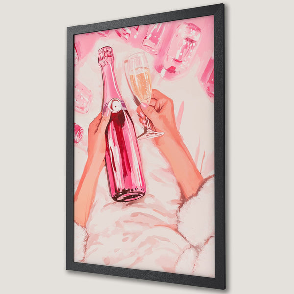 Framed Poster featuring a pink champagne bottle and glass, in a watercolor style with a soft pink color palette.