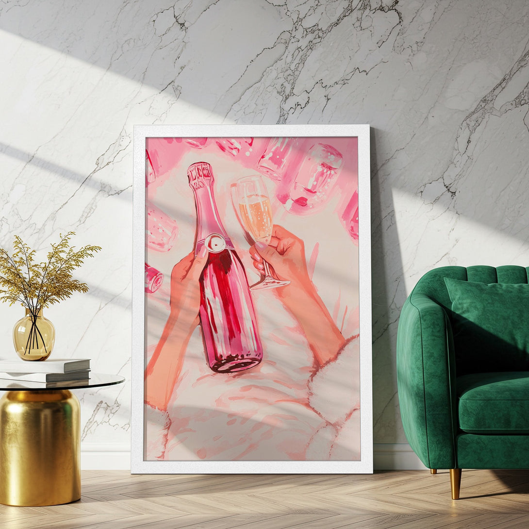 Framed Poster featuring a champagne bottle and glass in a pink, artistic style. Perfect wall art for a touch of luxury.