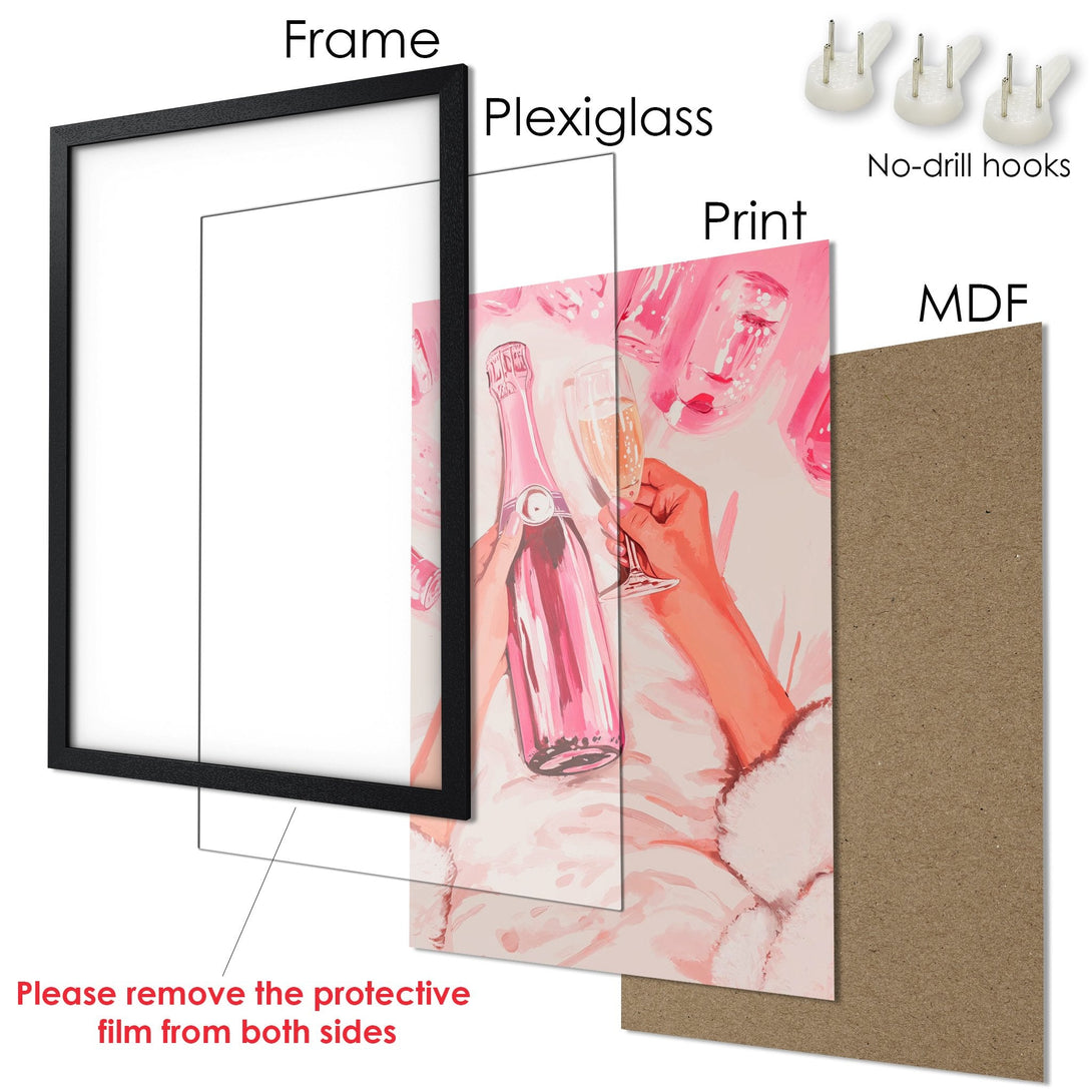 Framed Poster featuring a champagne illustration in a pink and peach color palette. Stylish wall art for your home!
