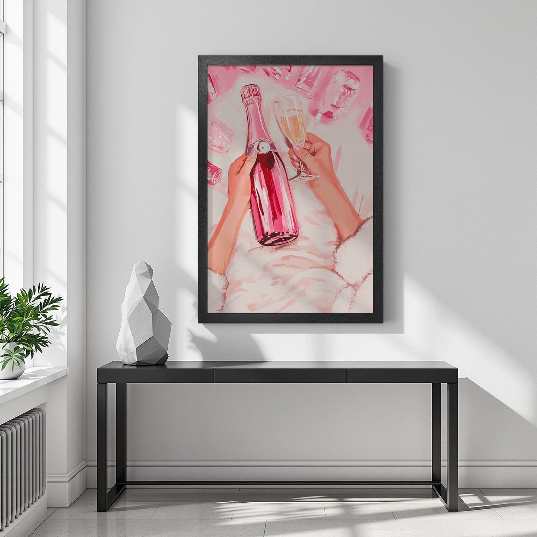 Framed Poster: Champagne bottle & glass art print, pink & white palette, modern style, perfect for home decor.