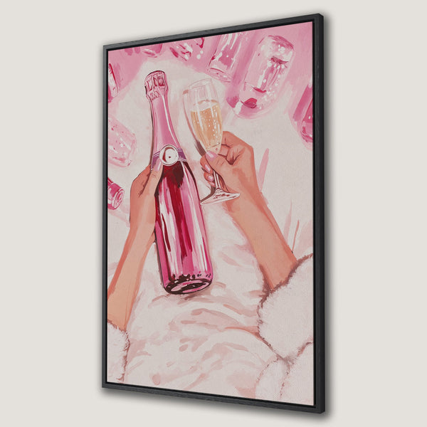 Framed Wall Art: Watercolor painting of champagne bottle and glass in pink tones. Perfect for adding a touch of luxury and style to your home decor.