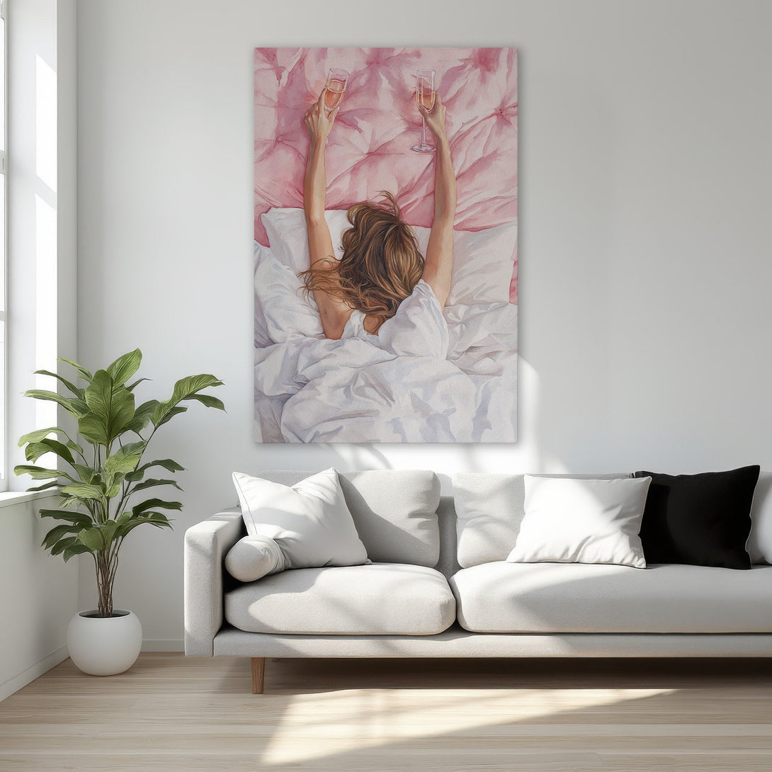 Framed Wall Art: Woman in bed with champagne, watercolor style, soft pink and white palette. Elevate your space with this elegant canvas print.