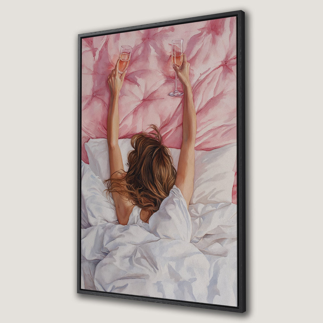 Framed Wall Art: Watercolor painting of woman in bed with champagne, soft pink and white palette. Perfect bedroom decor for a touch of elegance.