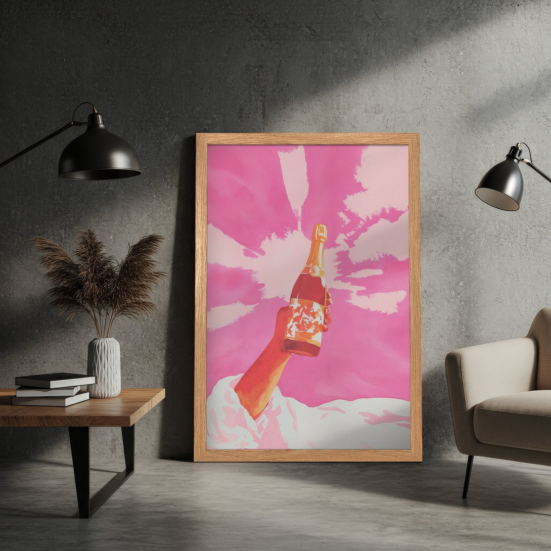 Framed Poster featuring a hand holding champagne bottle against a pink sky. Pop art style, vibrant pink and orange color palette. Perfect wall art!