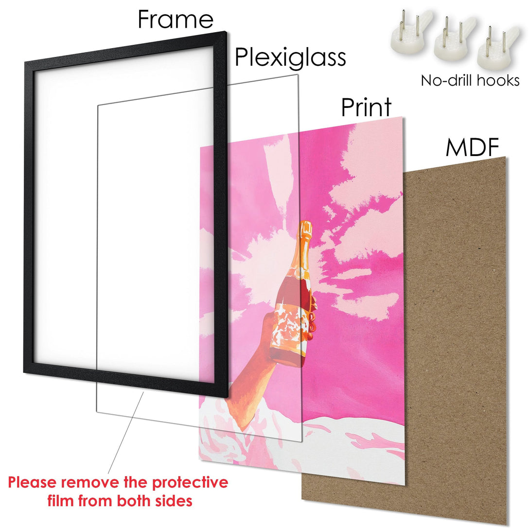 Framed Poster: Pink abstract art with champagne bottle. Modern wall art for your home.