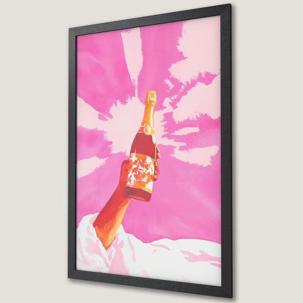 Framed Poster featuring a hand holding champagne bottle against a pink sky. Pop art style, vibrant pink and orange color palette.
