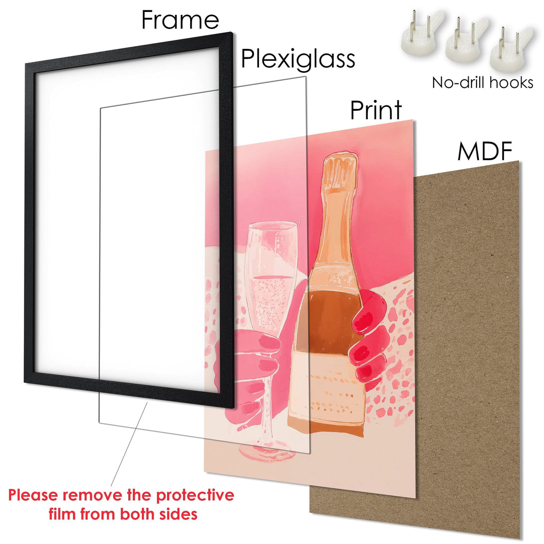 Framed Poster featuring a champagne illustration in a pink and brown color palette. Perfect wall art for your home!