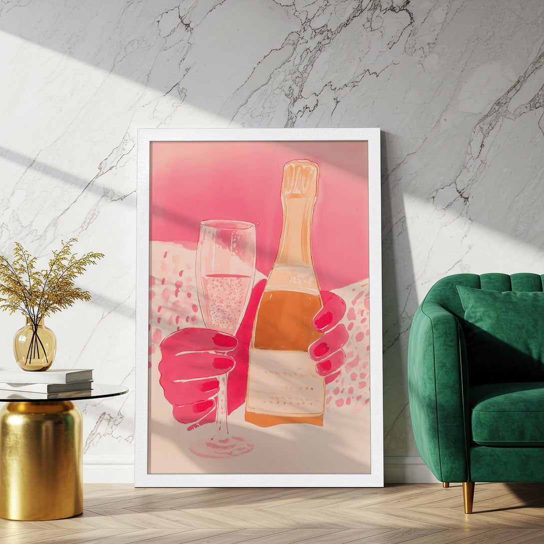 Framed Poster featuring a champagne bottle and glass, pop art style with pink and orange hues. Perfect wall art for your home!