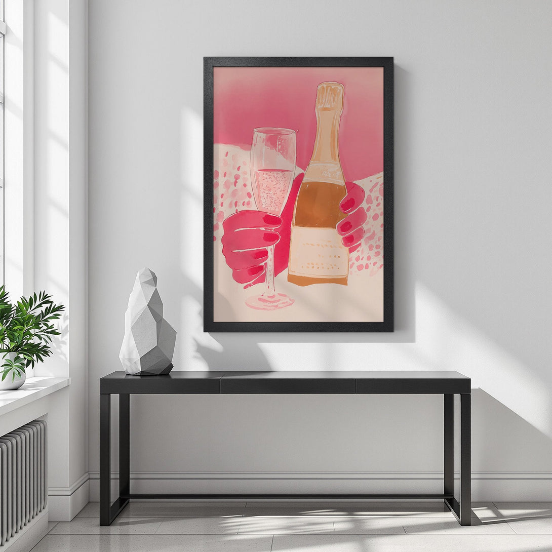 Framed Poster featuring champagne bottle & glass in pink & gold tones, perfect for adding a touch of elegance to your home decor.