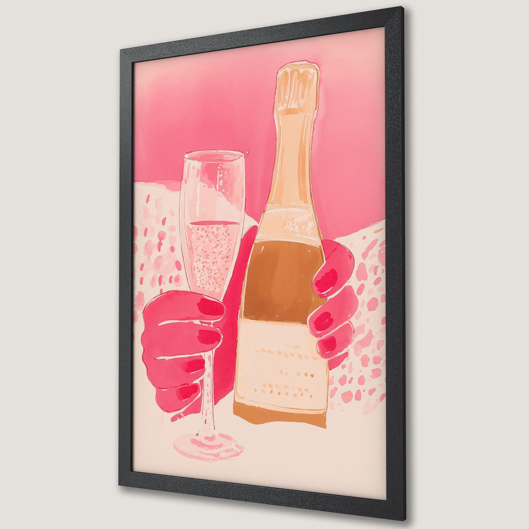 Framed Poster featuring champagne bottle & glass in a stylish, pink & gold watercolor style. Perfect for adding a touch of elegance to your space!