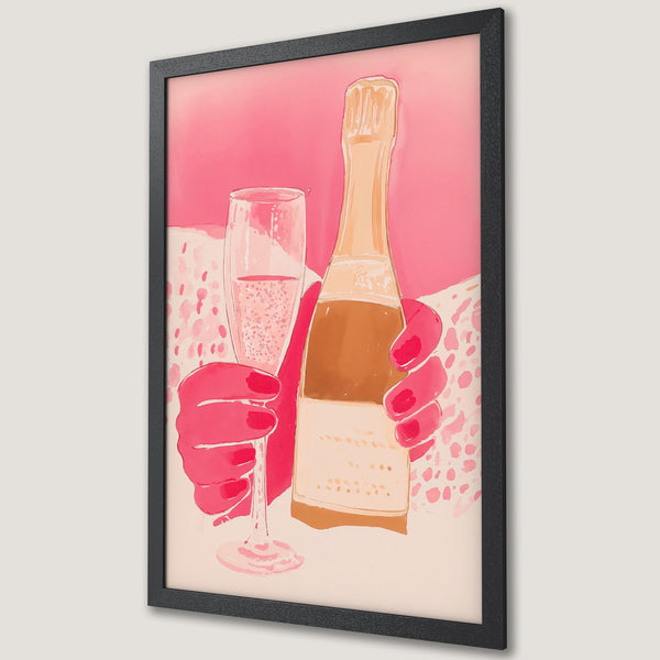 Framed Poster featuring champagne bottle & glass in a stylish, pink & gold watercolor style. Perfect for adding a touch of elegance to your space!