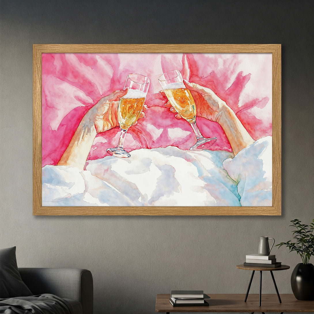 Framed Poster of watercolor champagne toast in pink & white. Perfect wall art for a romantic touch.