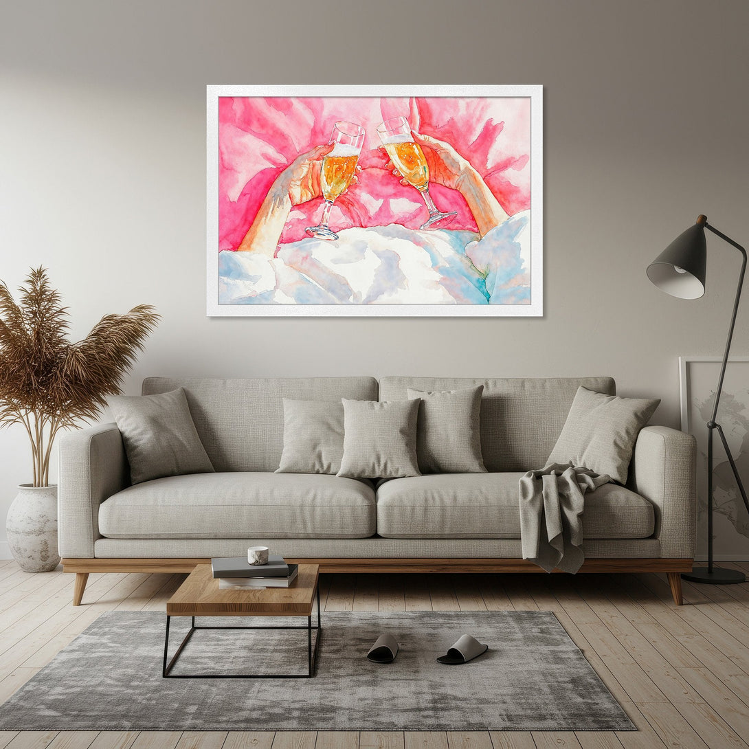 Framed Poster featuring a watercolor painting of a champagne toast, vibrant pink and blue hues. Perfect wall art!