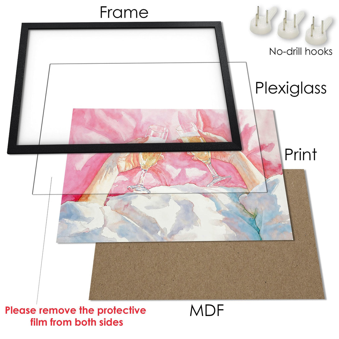 Framed Poster featuring a watercolor style artwork with champagne glasses in a pink and blue color palette. Perfect wall art!