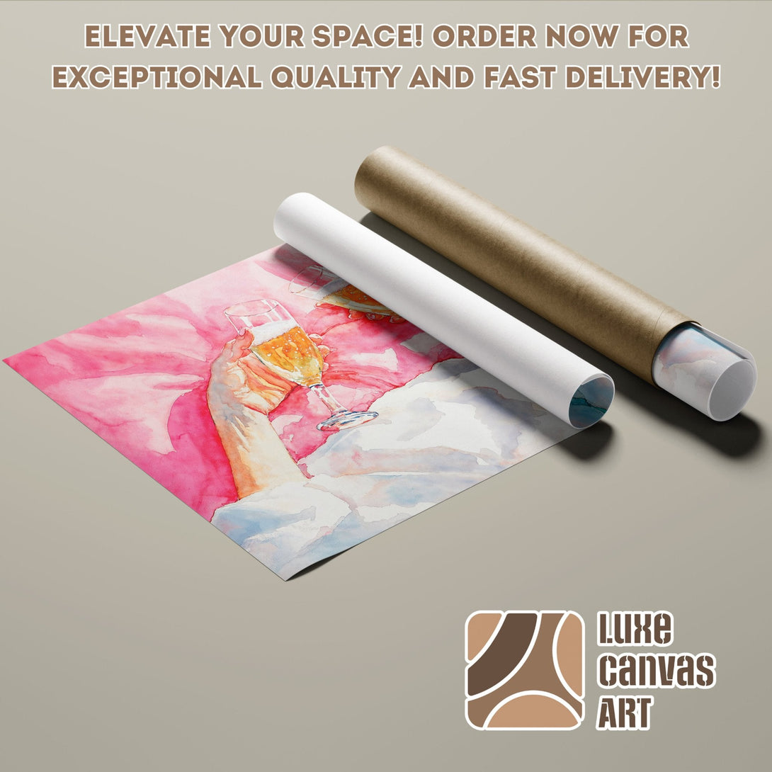 Watercolor poster roll with pink and gold tones. Elevate your space with this stunning art. Order now!