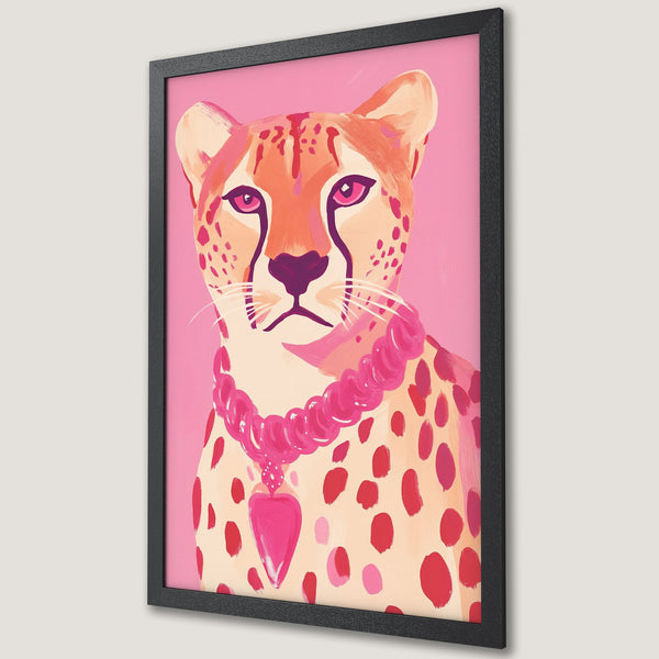 Framed Poster featuring a stylish cheetah portrait in a vibrant pink and orange color palette. Perfect wall art for a modern home!