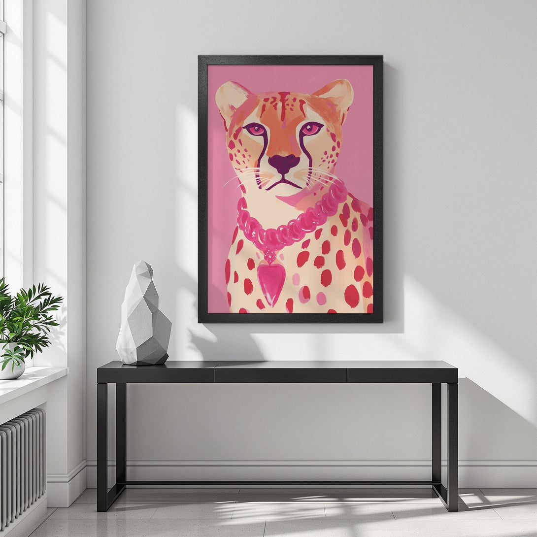 Framed Poster: Stylish cheetah art print with pink & orange hues. Modern wall decor, perfect for a pop of color. Shop our Poster collection!