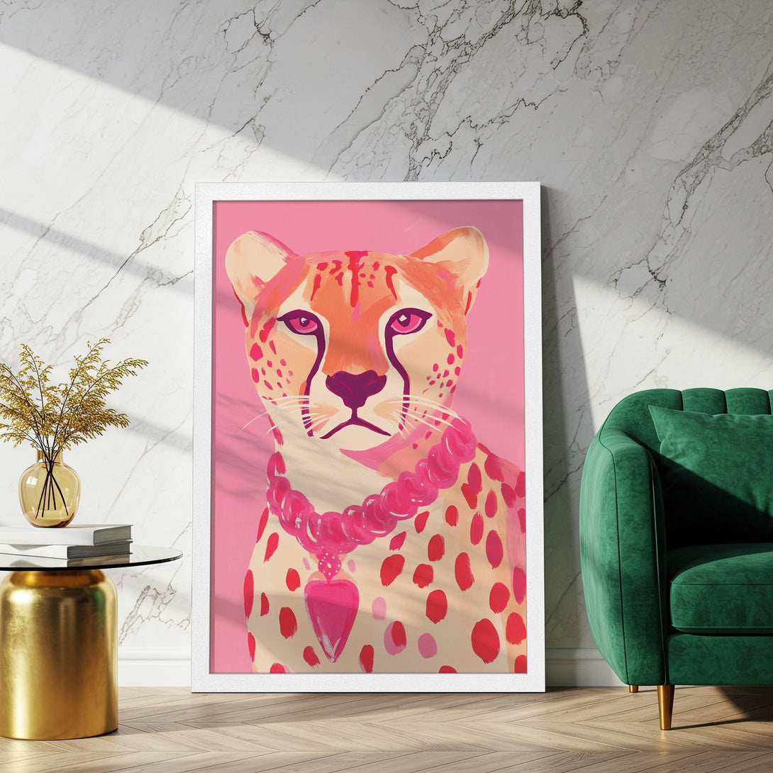 Framed Poster featuring a stylish cheetah illustration in a pink and red color palette. Perfect wall art for a pop of color!