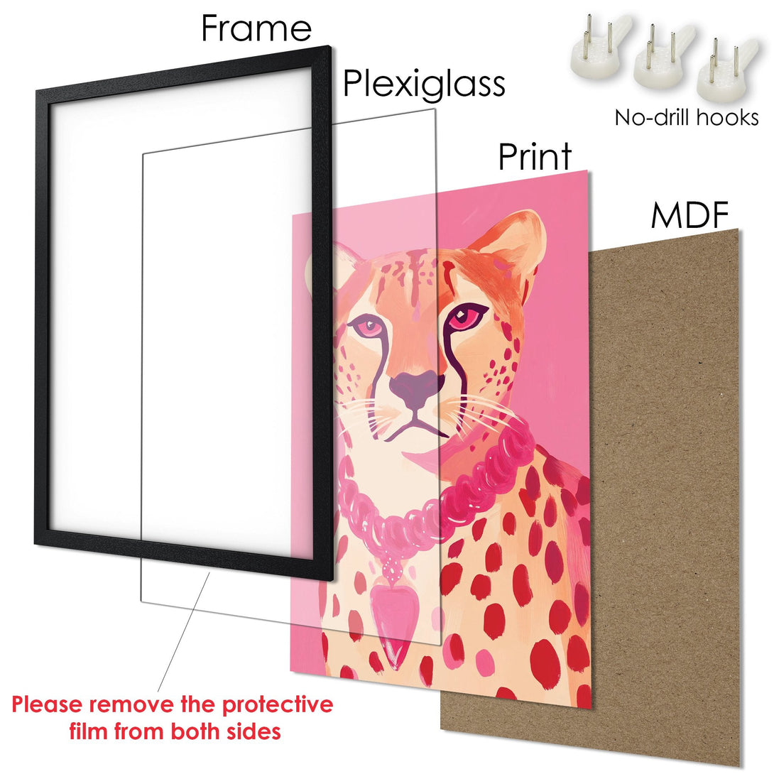 Framed Poster featuring a stylish cheetah portrait in pink and coral hues. Add art to your walls!