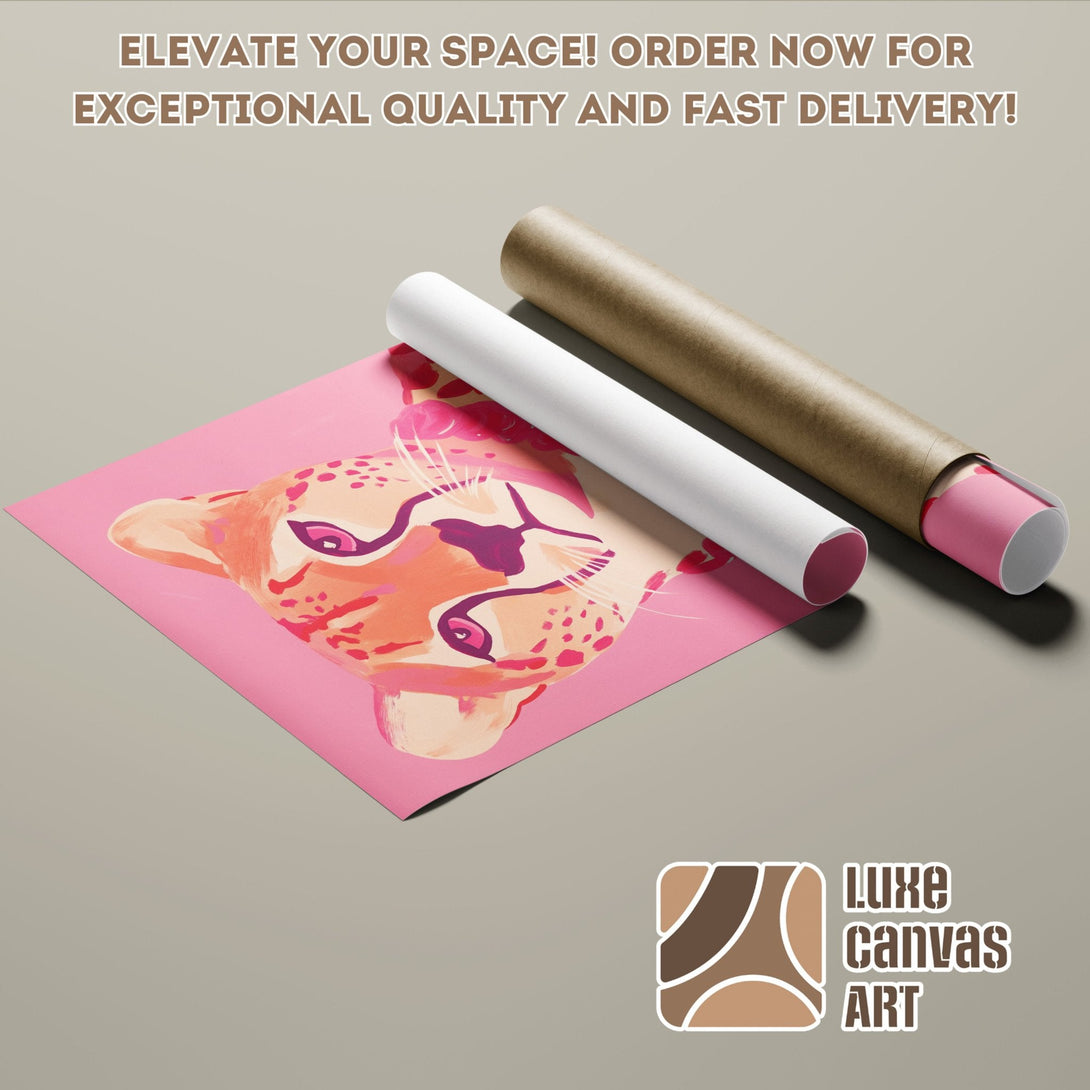 Poster Roll featuring a pink cheetah art print. Modern style with a vibrant pink, orange, and brown color palette. Elevate your space!