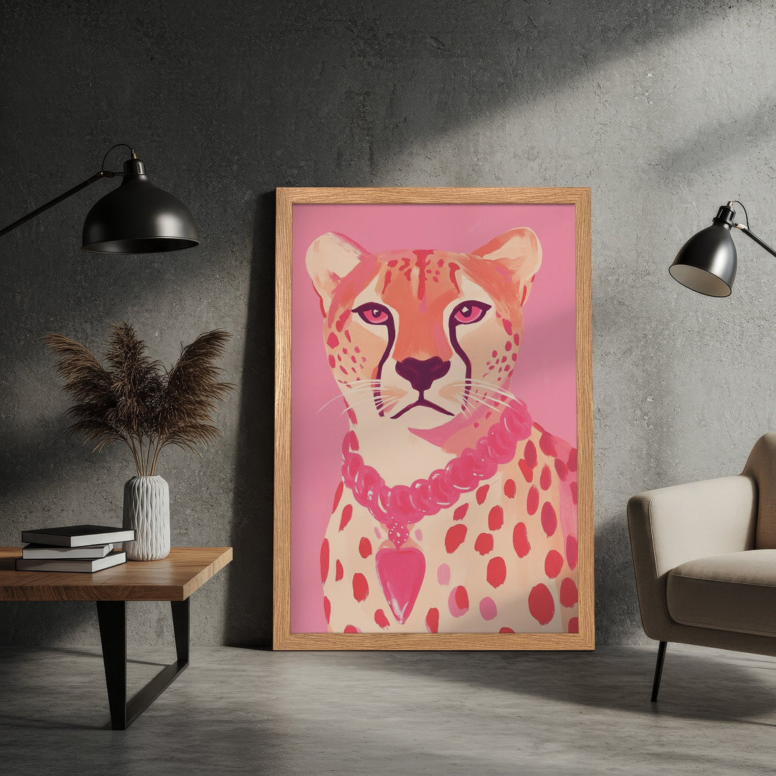 Framed Poster featuring a stylish cheetah with a pink color palette. Modern art print perfect for home decor.
