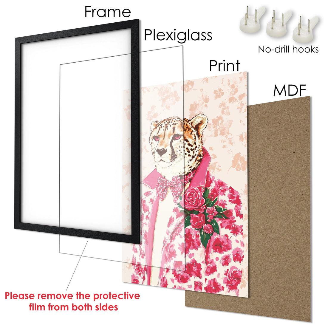 Framed Poster featuring a stylish cheetah in pink floral attire. Watercolor art style with a pink and beige color palette.