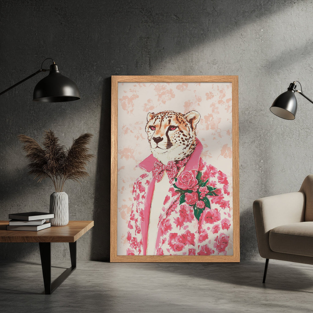 Framed Poster featuring a stylish cheetah in a floral suit. Modern art print with a pink and neutral color palette. Perfect wall decor.