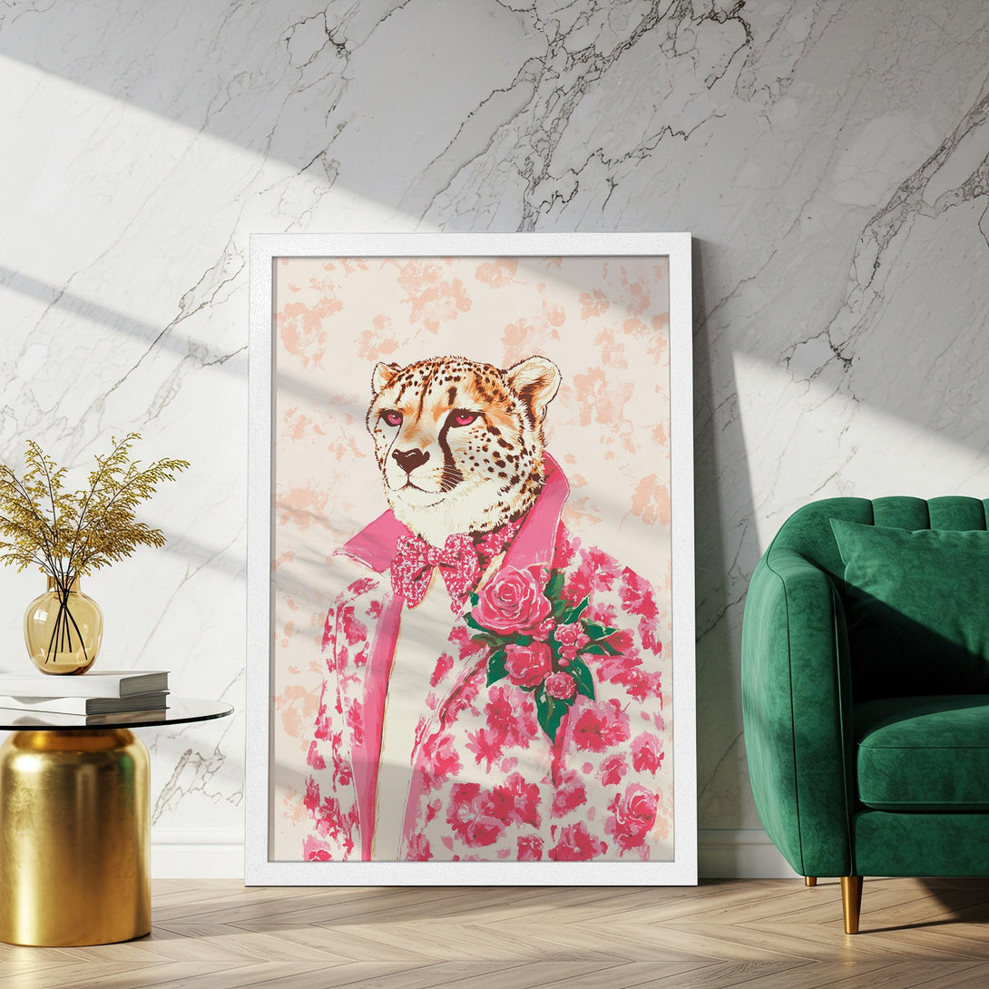 Framed Poster featuring a cheetah in a floral suit, with a pink and cream color palette. Modern art for your home!