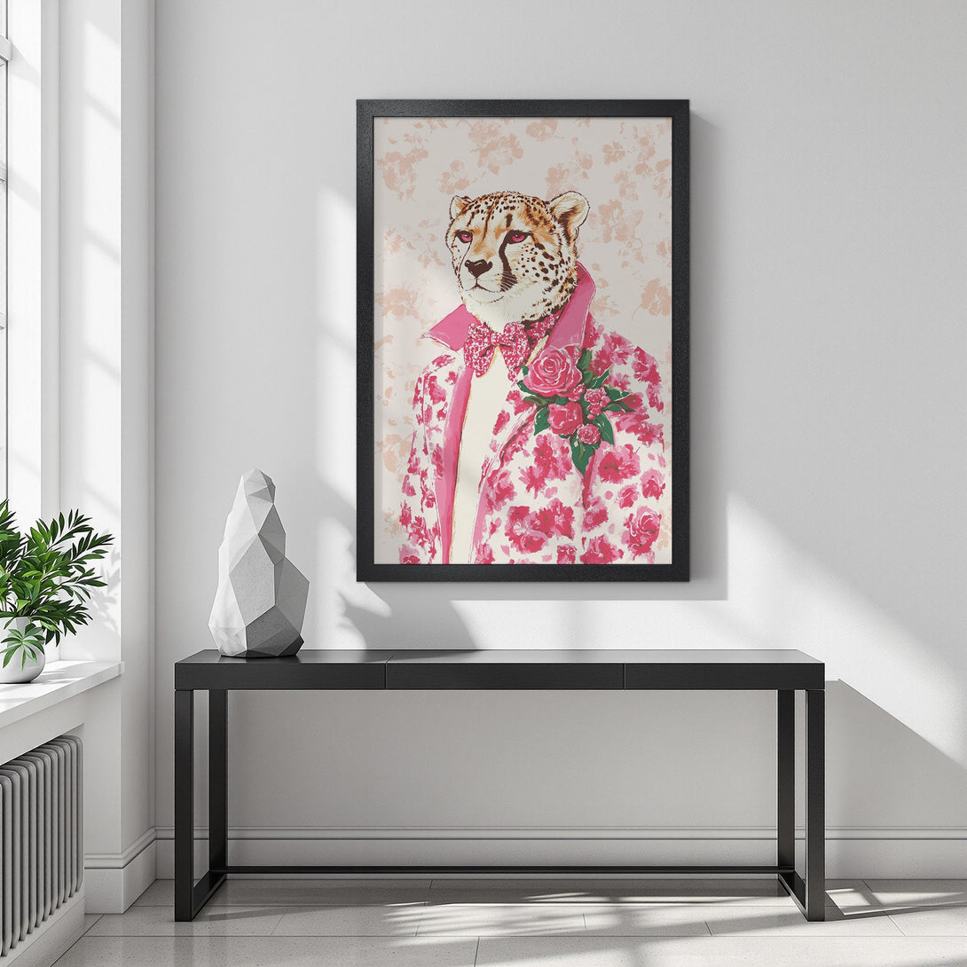 Framed Poster featuring a dapper cheetah in a floral suit. Playful art with a pink and cream color palette, perfect for a stylish home.