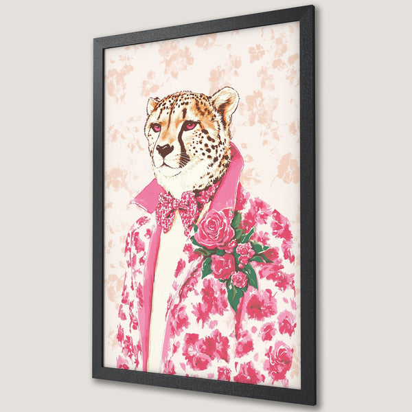 Framed Poster featuring a stylish cheetah in a floral suit. Artistic style with a pink and cream color palette. Perfect wall art!