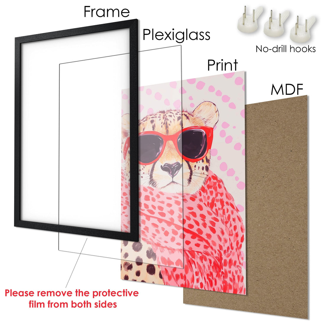 Framed Poster featuring a cheetah with sunglasses, vibrant red and pink color palette, perfect wall art.