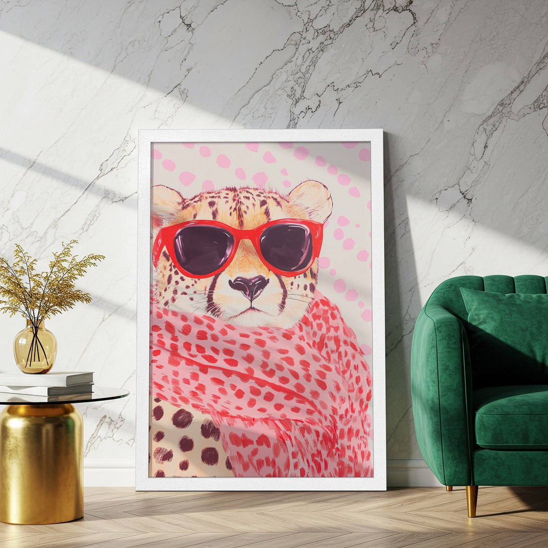 Framed Poster featuring a stylish cheetah wearing sunglasses and a scarf. Playful art in pinks and reds, perfect for adding personality to any space.