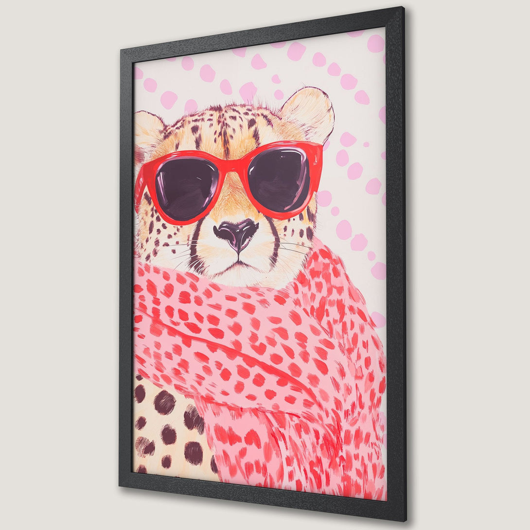 Framed Poster featuring a stylish cheetah with sunglasses and scarf. Modern art style with a pink and red color palette. Add a pop of fun to your space!