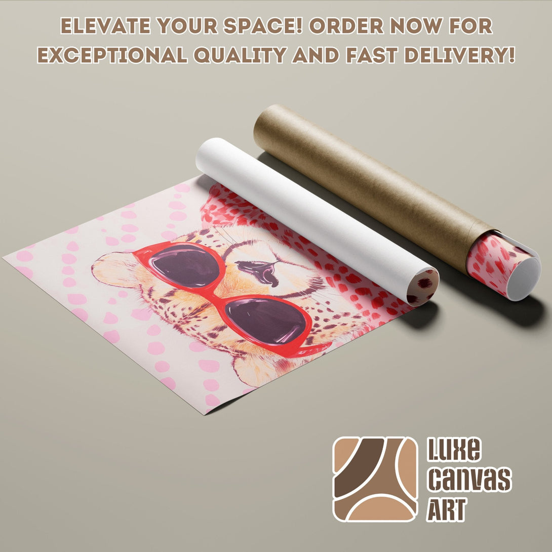 Cheetah Poster Roll art print in a fun, colorful style. Pink, red, and neutral color palette. Order your art today!