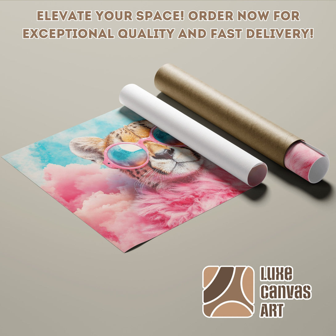 Cheetah Poster Roll with pink and blue clouds. Modern art style, perfect for your space! Order now!