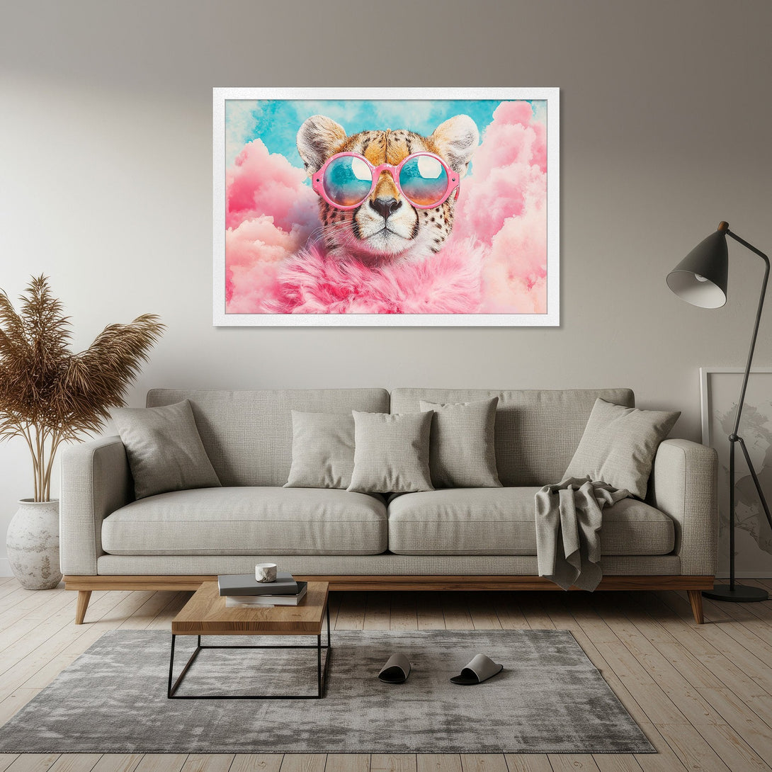 Framed Poster featuring a cheetah in sunglasses, whimsical style, with pink, blue, and neutral tones. Add a pop of fun to your space!