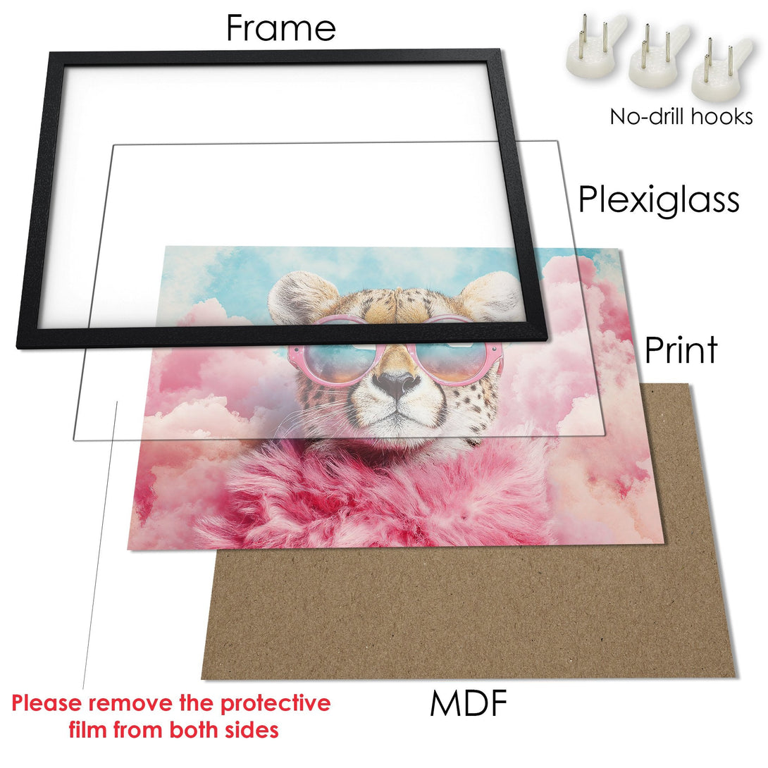 Framed Poster featuring a cool cheetah in pink sunglasses, set against a dreamy sky. Stylish wall art with a pastel color palette.