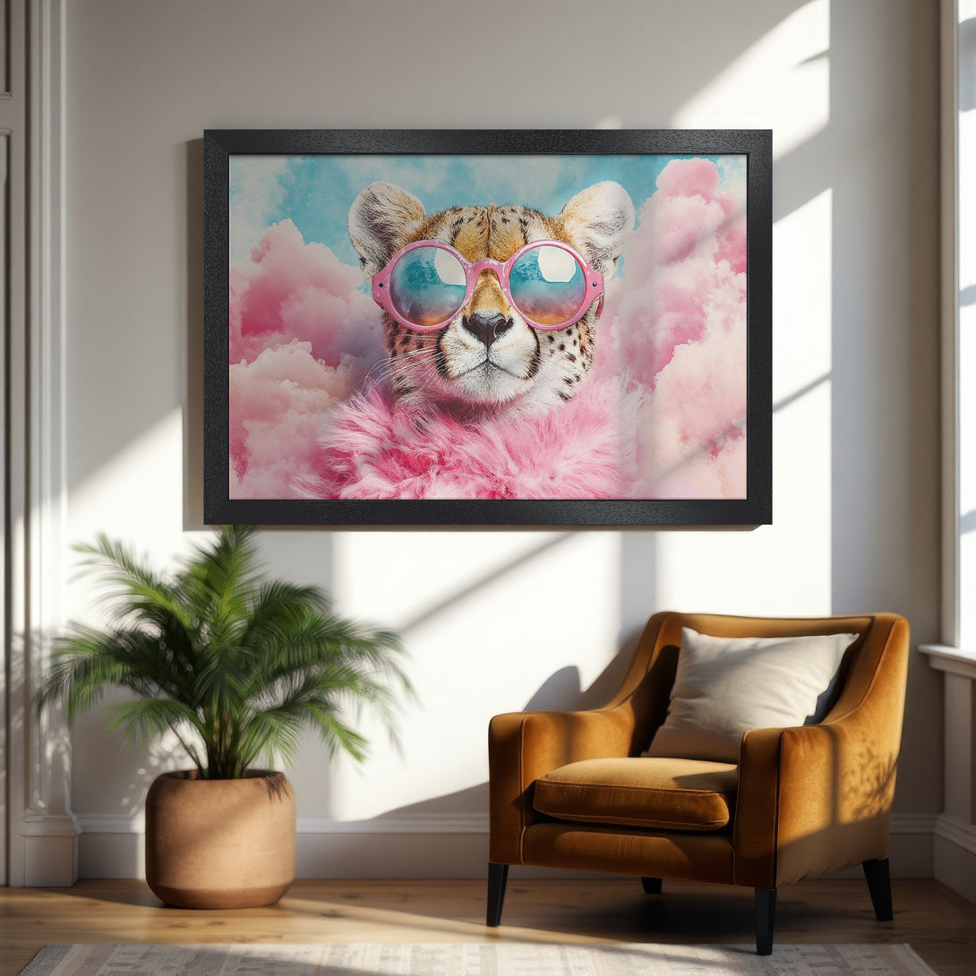 Framed Poster featuring a cheetah in sunglasses, whimsical style, pink and blue color palette. Add a touch of fun to your space!