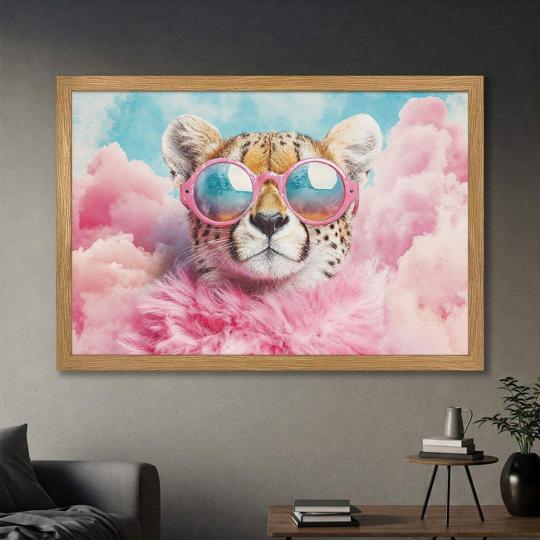 Framed Poster featuring a stylish cheetah in sunglasses, set against a dreamy pink and blue background. A fun, modern art piece.