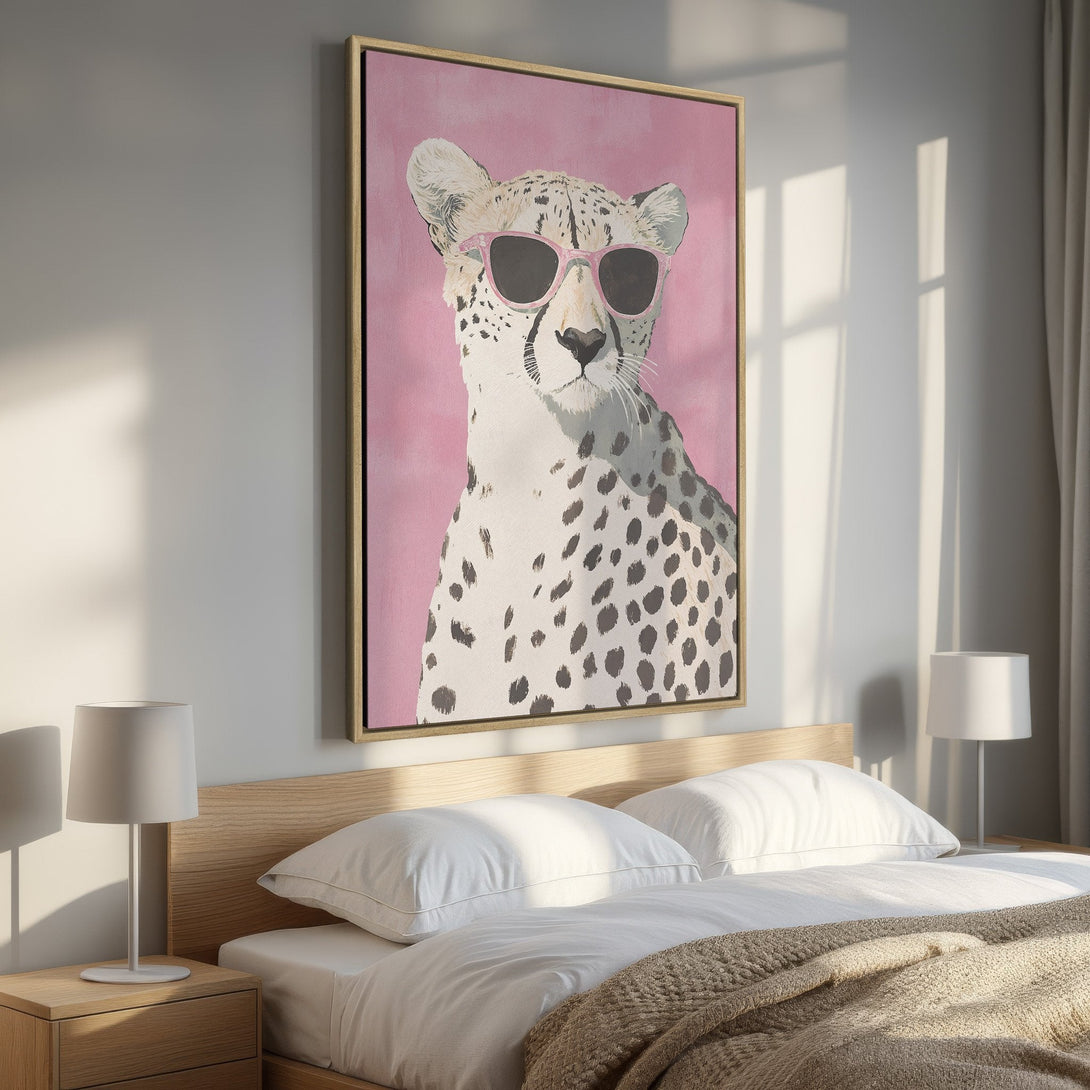 Framed Wall Art: Cool cheetah print on pink background. Modern animal art with a pop of color. Perfect bedroom decor!
