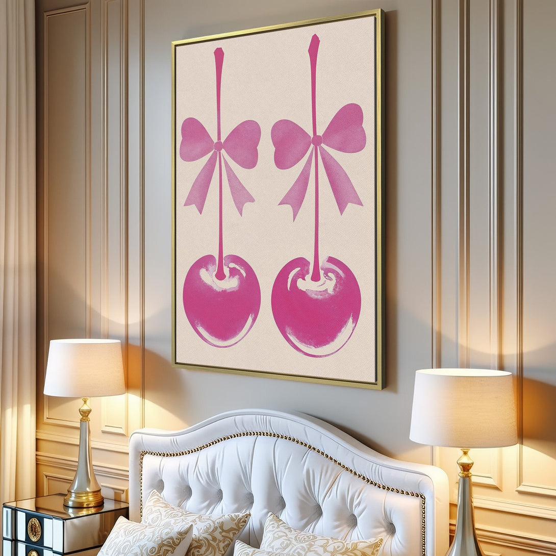 Canvas Print featuring pop art style cherries in pink, displayed in a modern living room. A stylish wall art piece with a neutral color palette.