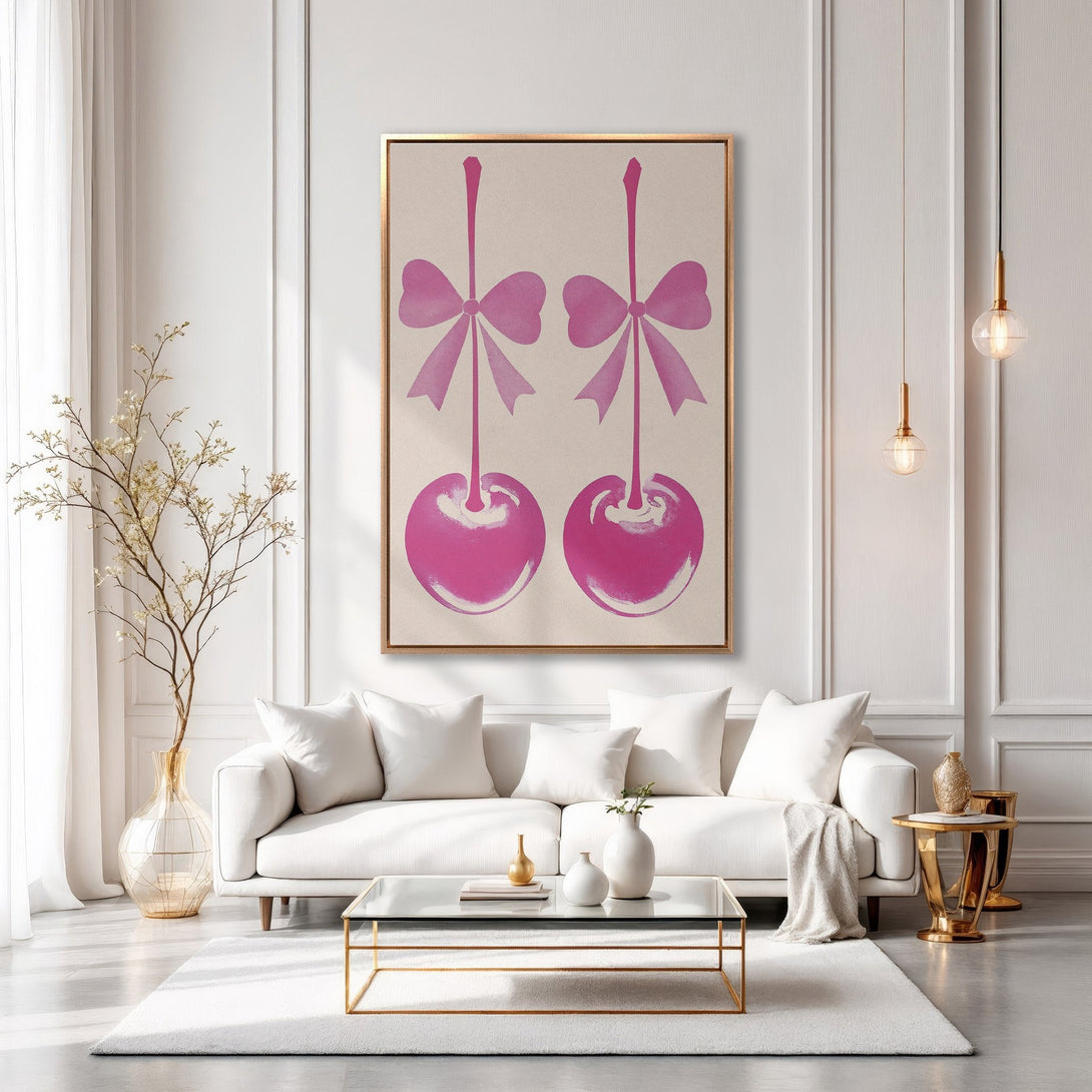 Framed Wall Art: Pink cherry print in a modern living room. Stylish decor with a gold frame, pink and neutral color palette. Perfect for home or office.