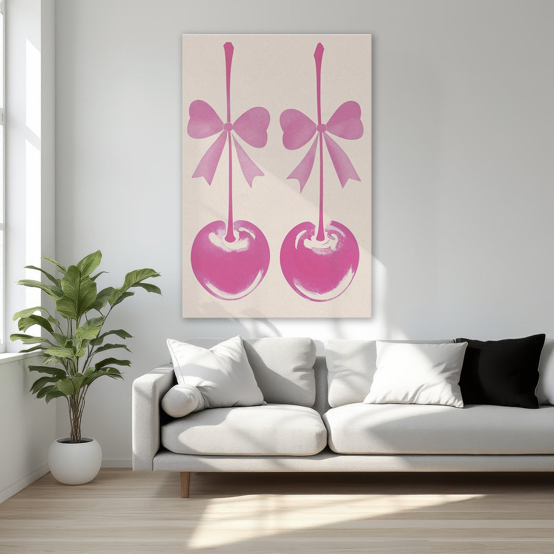 Framed Wall Art: Pink cherry print on canvas, a pop art style with a neutral and pink color palette. Perfect bedroom decor!