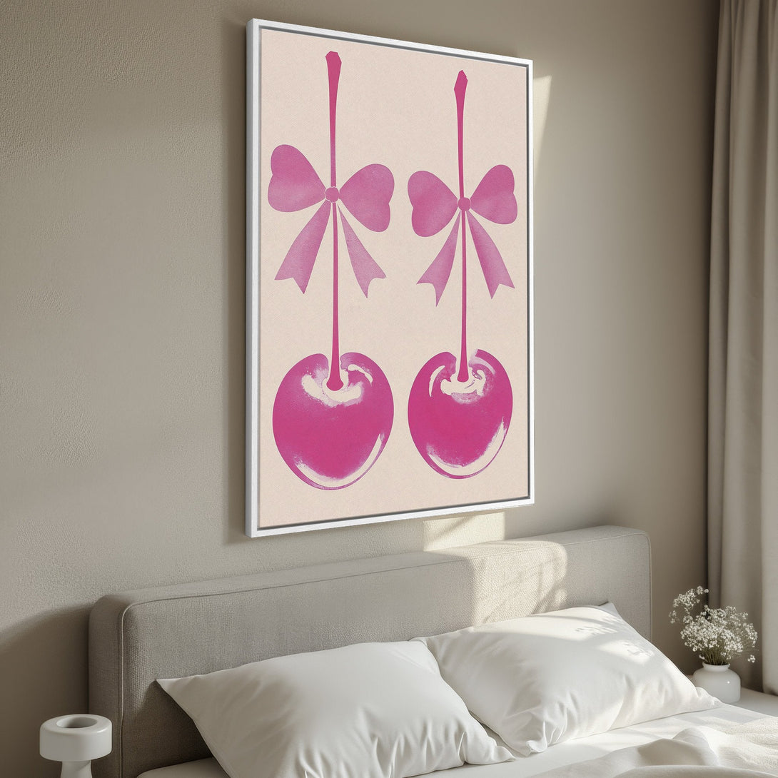 Framed Wall Art featuring pink cherries with bows. Modern pop art style in a bedroom setting. Pink and neutral color palette.