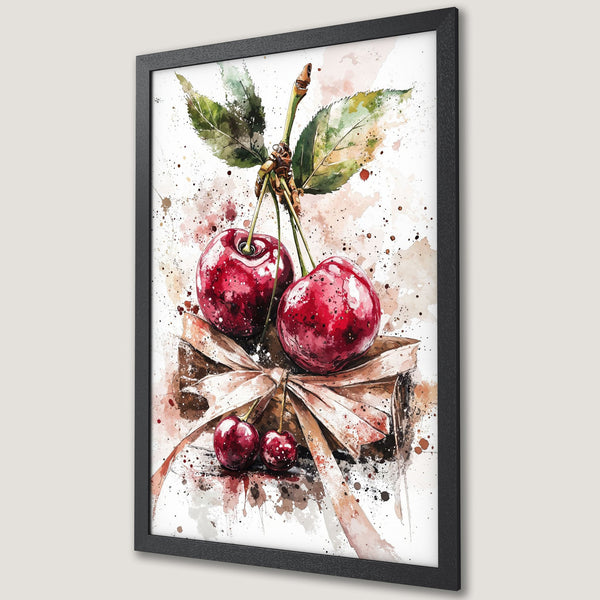Framed Poster of watercolor cherries with a bow, featuring a red and brown color palette. Perfect kitchen decor!
