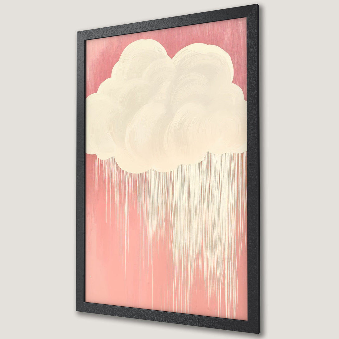 Framed Poster featuring an abstract cloud with rain, in a minimalist style. Soft pink and cream color palette. Perfect wall art.